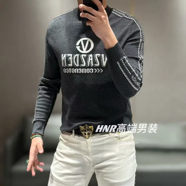 字母图案拼接秋冬新款男士休闲百搭羊毛衫8160