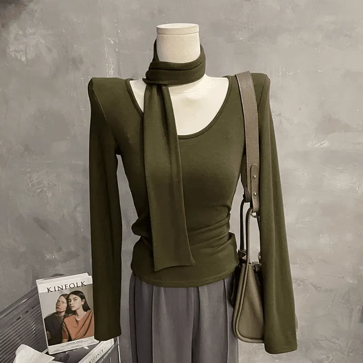 韩女气质~围巾飘带垫肩长袖T恤女性感修身U领纯色打底衫上衣秋新