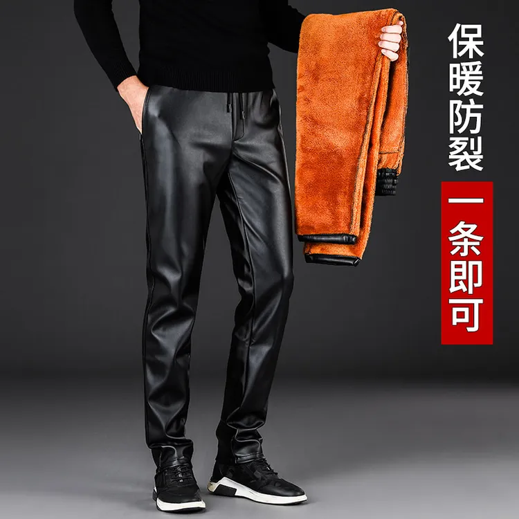 男士皮裤骑行外卖加绒加厚修身小脚裤防风防水保暖高弹中老年裤子