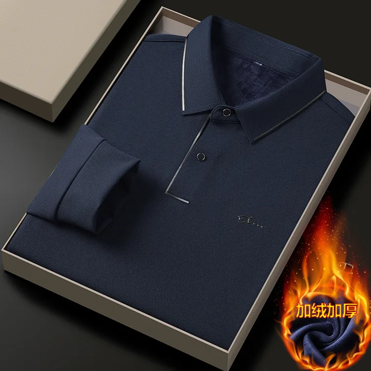 中年男士翻领无痕长袖POLO衫加绒加厚保暖宽松商务休闲打底体恤衫