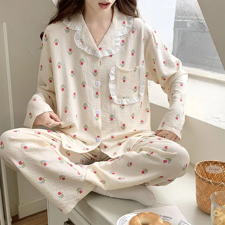 春秋季ins风新款睡衣女梭织泡泡皱布翻领开衫长袖甜美家居服套装