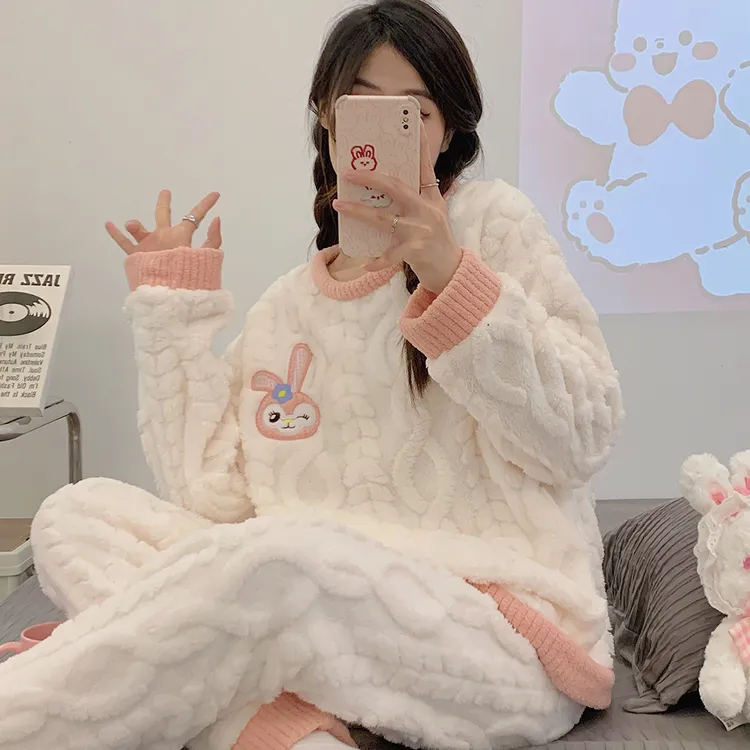 秋冬季ins风加绒加厚法兰绒提花甜美卡通长袖睡衣女士套装家居服