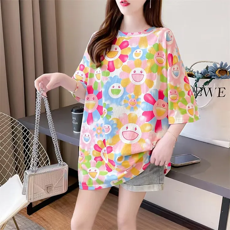 2新款大版宽松中长款上衣字母印花短袖t恤女夏季时尚休闲圆领百搭