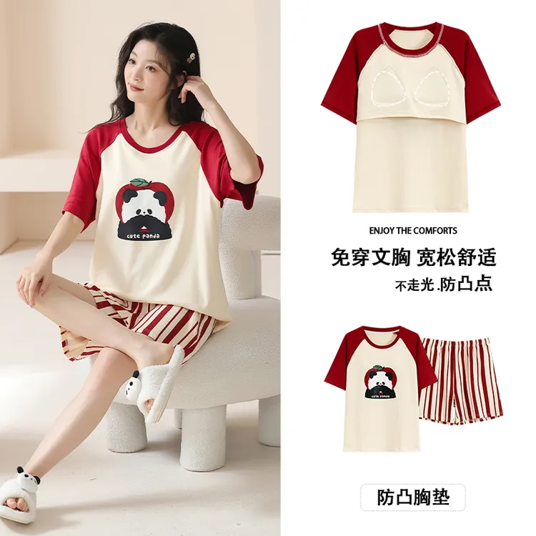 带胸垫睡衣女夏季短袖短裤100%纯棉夏天免穿文胸卡通可外穿家居服