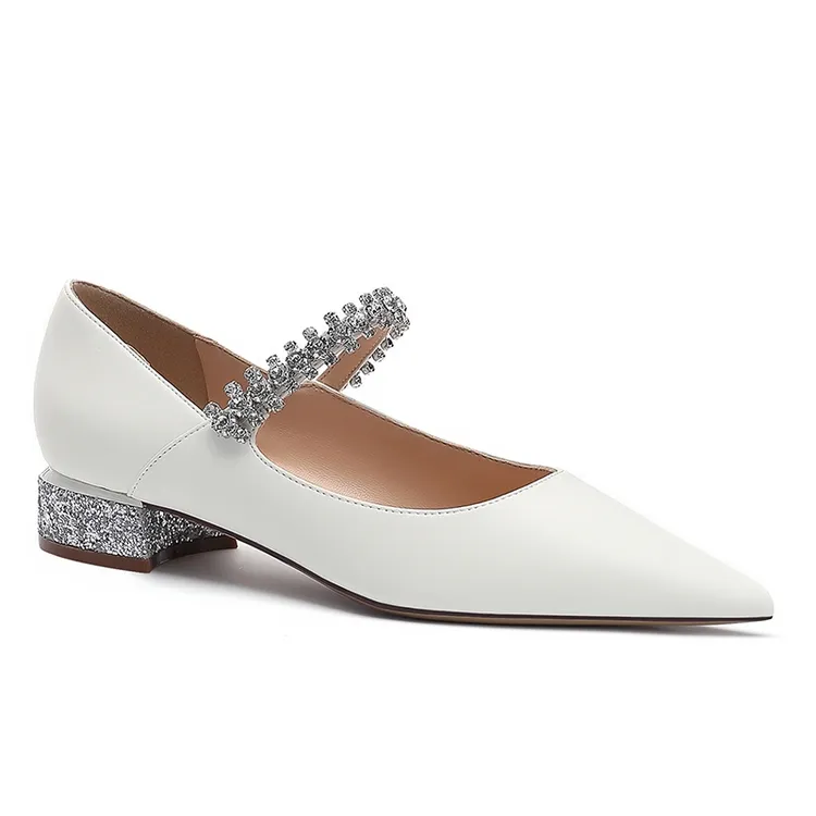 白色一字带水钻链尖头漆皮粗跟玛丽珍单鞋女通勤细跟高跟鞋配裙子