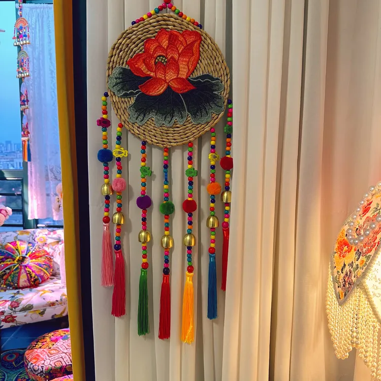 手工编织彩色荷花挂件风铃阳台摆件居家客厅挂件国风卧室创意