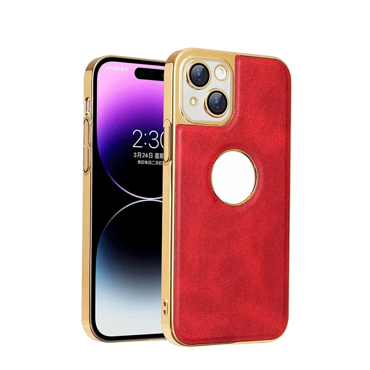 适用苹果13电镀皮革手机壳全包防摔磨砂幸运红iPhone保护壳商