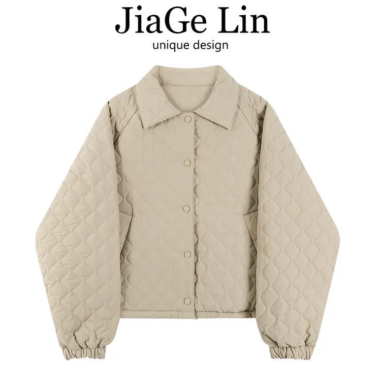 JiaGeLin小众设计翻领加厚保暖外套女冬韩系休闲菱格白鸭毛面包服