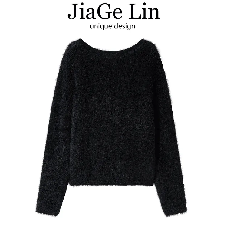 JiaGeLin水貂绒黑色一字肩设计感毛衣女秋冬慵懒风宽松软糯针织衫