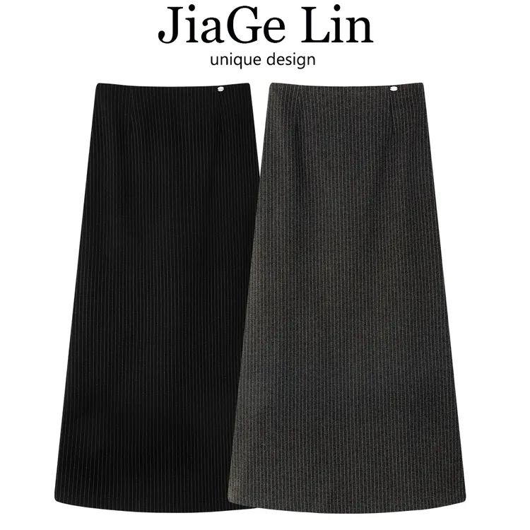JiaGeLin韩系复古气质毛呢半身裙女秋冬松紧腰开叉a字包臀中长裙