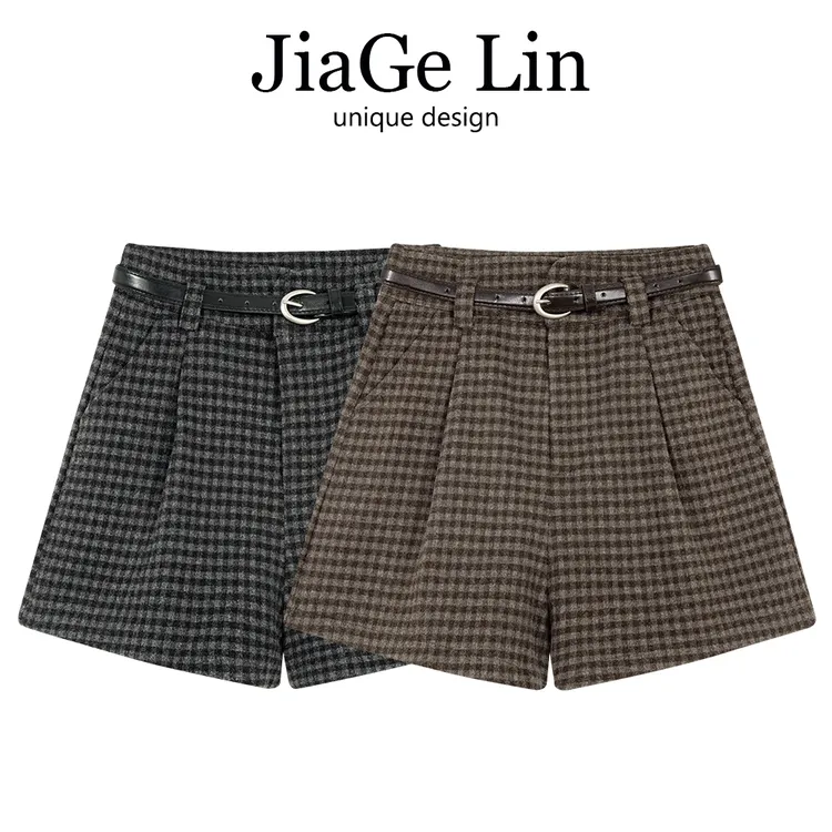 JiaGeLin时髦复古格纹a字阔腿靴裤女士秋冬韩系高腰休闲毛呢短裤