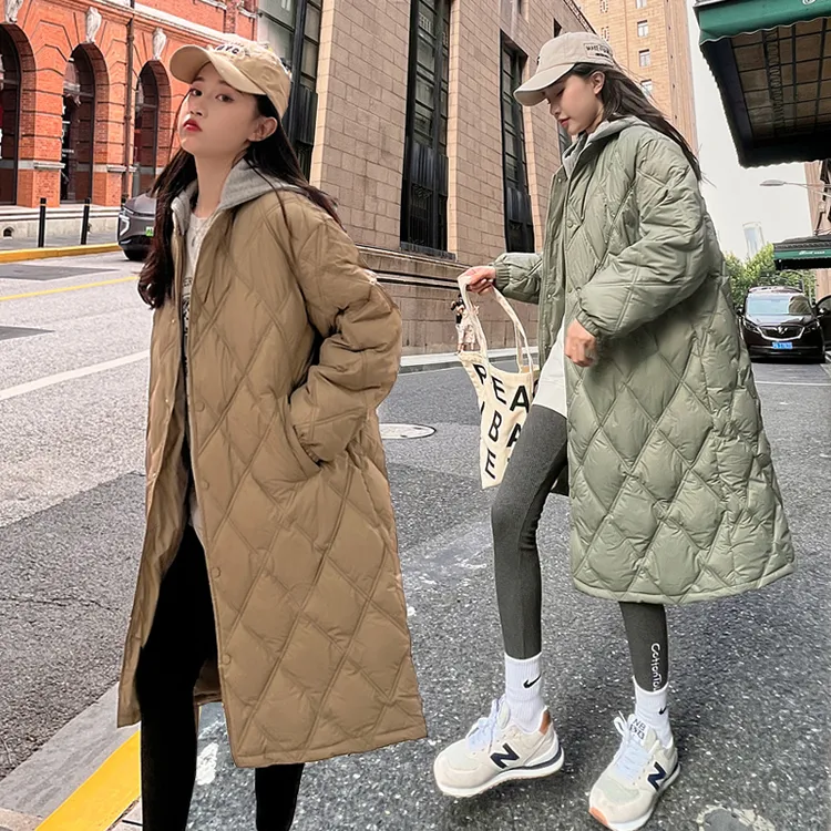 【可拆卸帽】2025秋冬新款轻薄款棉衣女长款过膝棉服菱形格棉袄外套