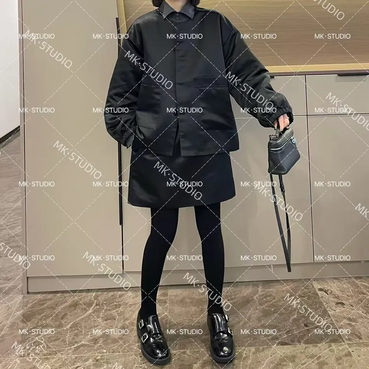 米可/MK-1505ZJ【缎面无领夹棉套装】时尚休闲气质冬季新款两件套