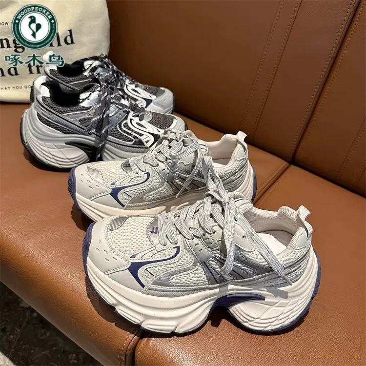 啄木鸟欧洲站2025秋季新款网面加绒老爹鞋增高炸街6CM巴黎运动鞋