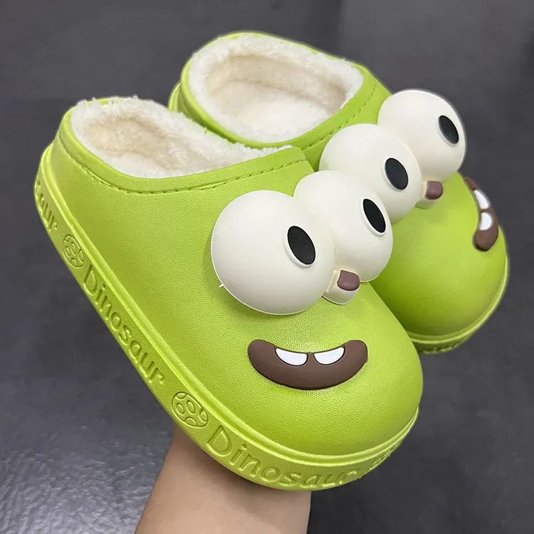 儿童棉拖鞋秋冬季可爱家居室内加绒保暖棉鞋外穿防水毛毛大眼拖鞋