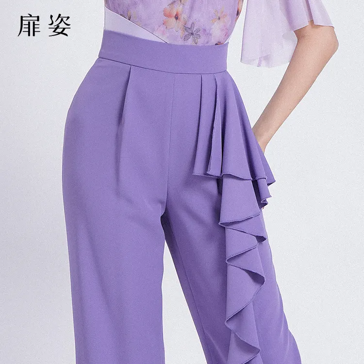 扉姿 摩登舞裤子女专业交谊舞西裤薄款吉特巴拉丁舞裤F2099