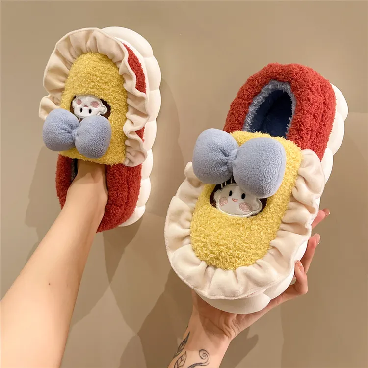 可爱蝴蝶结女孩棉拖鞋女冬季家居防滑厚底毛绒保暖包跟棉鞋可外穿