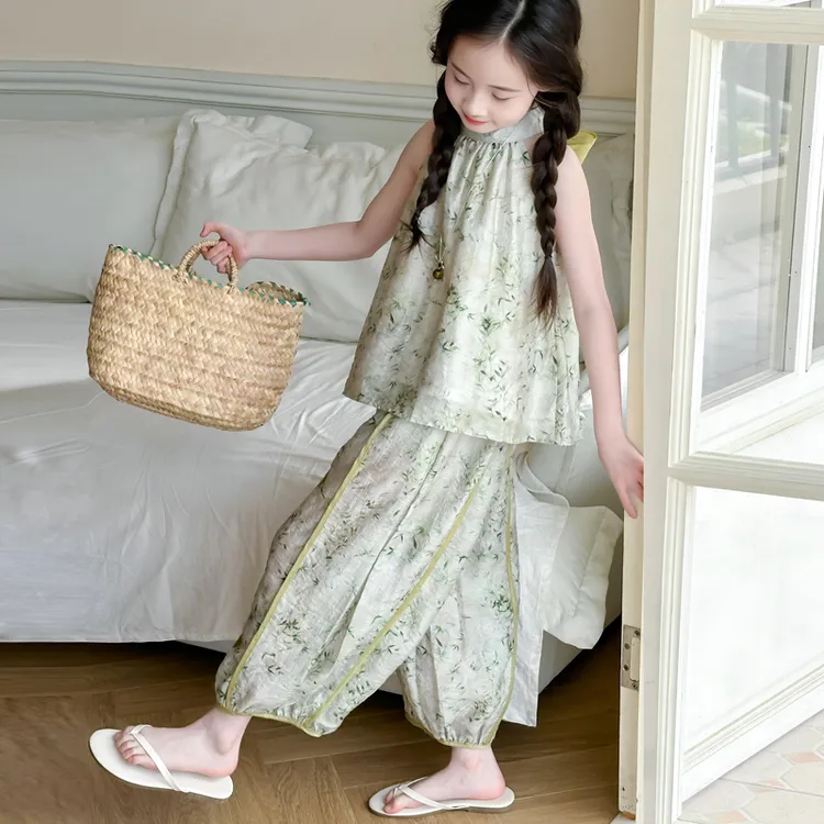 女童夏装2025新款洋气无袖套装中大童女孩网红森系时尚气质两件套