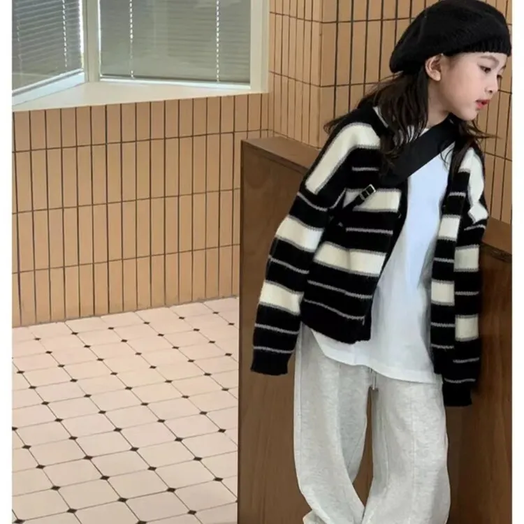 女童针织开衫春秋2025新款6-12岁15岁儿童休闲条纹慵懒风毛衣t恤