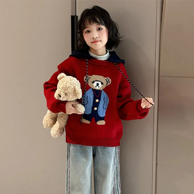 女童红色毛衣带帽秋冬款2025蛇年新款儿童本命年上衣大童加厚打底