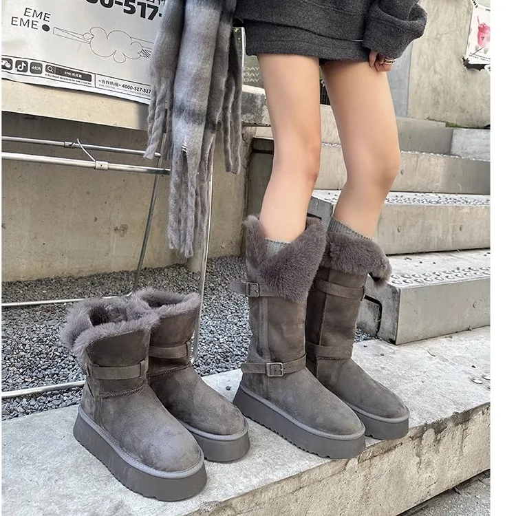 灰色雪地靴女2025冬季新款厚底增高加绒加厚长筒时尚百搭雪地棉鞋