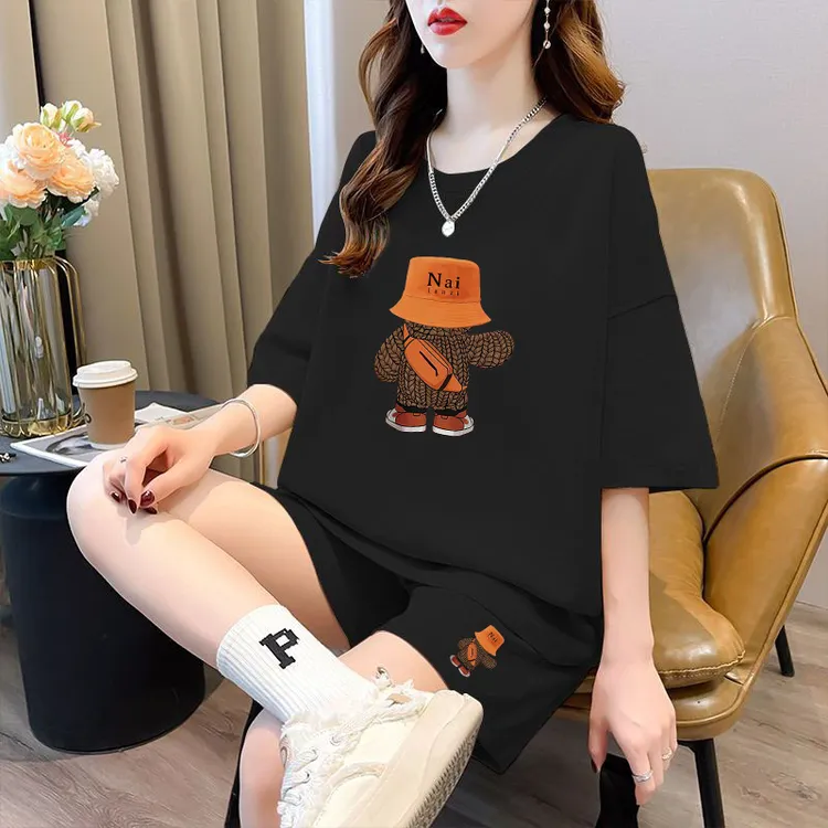 休闲运动大码女装夏款胖妹妹减龄显瘦短裤套装宽松T恤洋气两件套