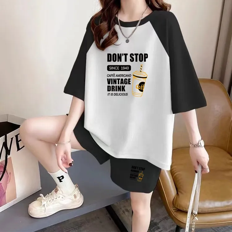 大码女装夏季新款女士运动服套装休闲时尚短袖短裤洋气减龄两件套