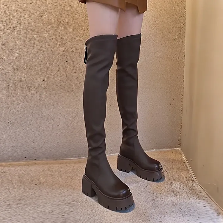 厚底过膝靴女秋冬新款圆头粗跟弹力高筒靴加绒后拉链时尚百搭长靴