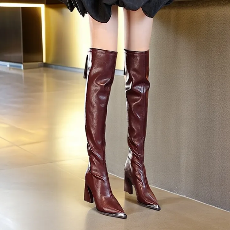 秋冬过膝靴女新款金属尖头高跟长靴粗跟后拉链加绒时尚瘦瘦高筒靴