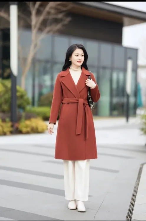 2024年秋冬中长款系腰带中长款手工双面羊毛大衣显瘦网红洋气828