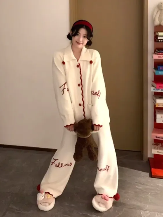 甜美撞色针织半边绒睡衣女冬季2025新款加厚保暖家居服套装可外穿