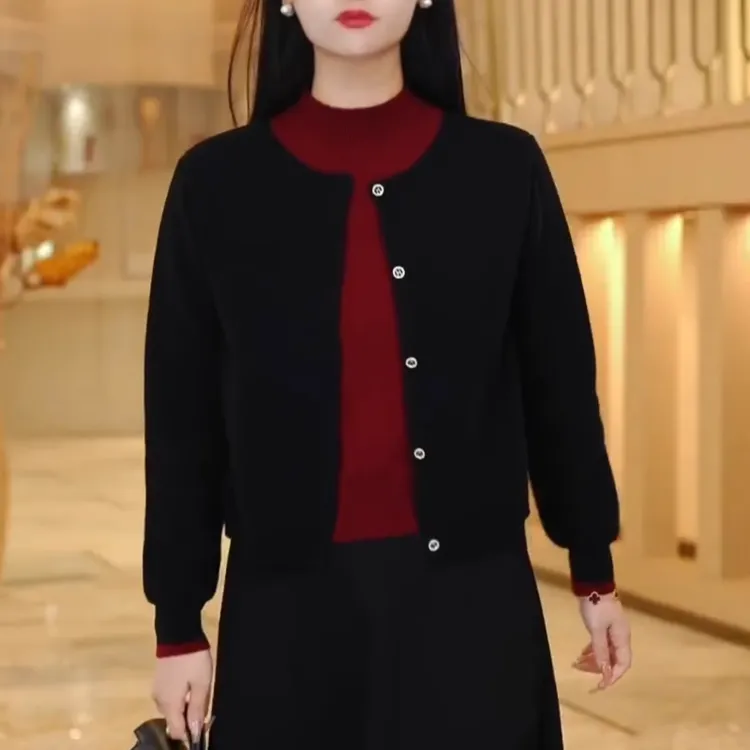 韩版假两件撞色毛针织衫女春季大码胖mm宽松显瘦减龄长袖上衣外套