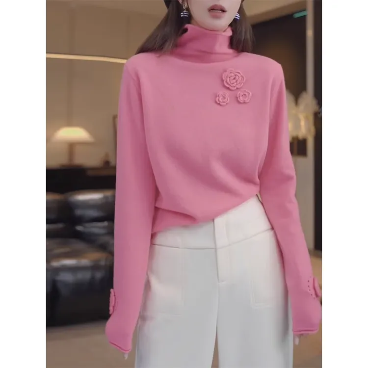 大码时髦穿搭半高领针织衫毛衣女秋冬胖mm立体花朵宽松打底衫上衣