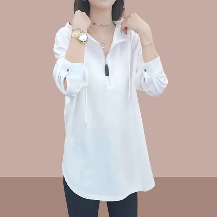 大码白色半拉链连帽卫衣女2025春季新款胖mm中长款宽松衬衫袖上衣