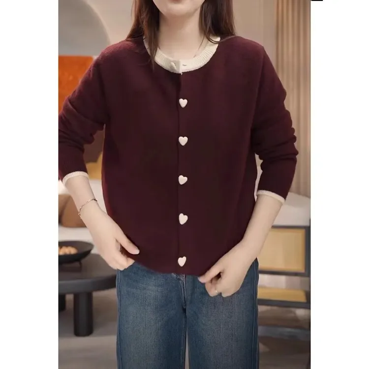 大码安可拉红圆领针织衫上衣女春季韩系穿搭时尚宽松长袖开衫毛衣