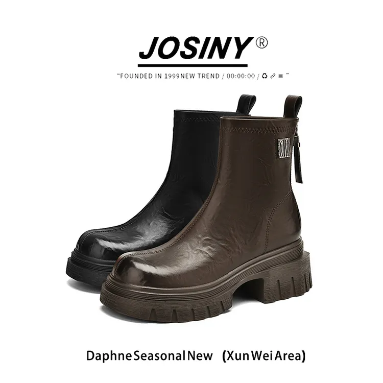 卓诗尼厚底瘦瘦靴女时尚百搭粗跟显脚小短靴秋季新款英伦风马丁靴