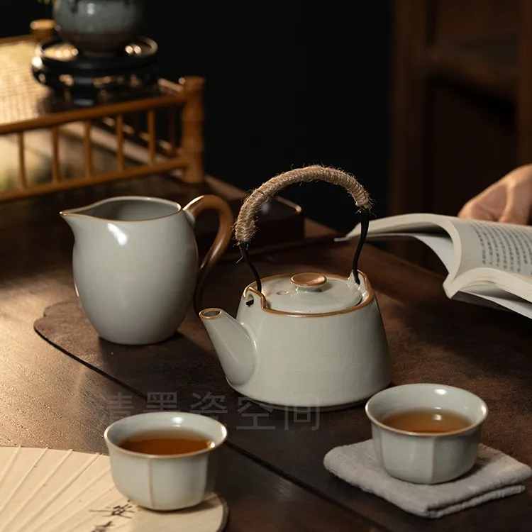 （五件套）！米黄汝窑提梁壶旅行家用小茶壶陶瓷中式功夫茶具套装