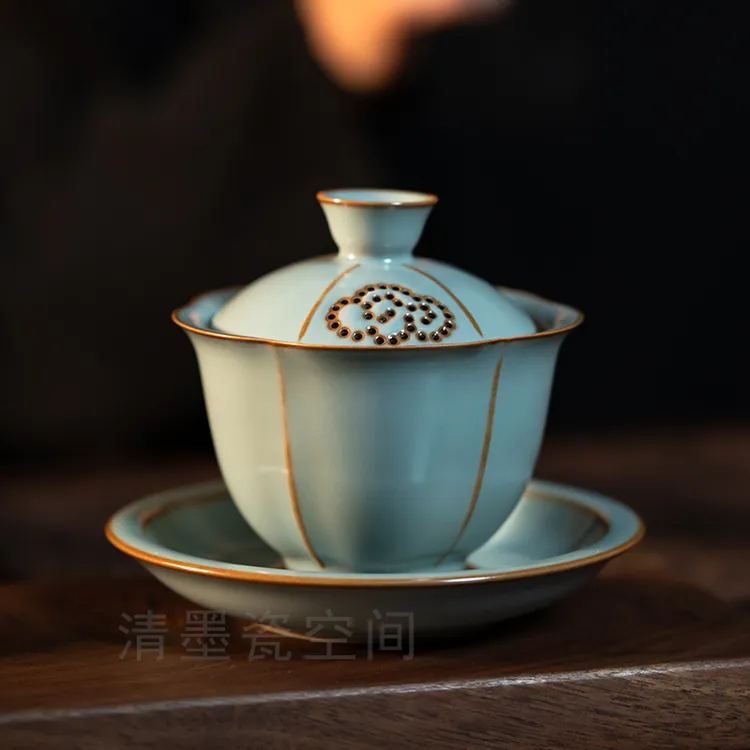 汝窑手工三才盖碗家用泡茶器具功夫敬茶杯不烫手大号陶瓷盖碗可养
