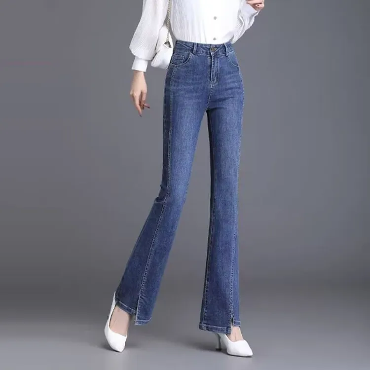 开叉高腰微喇叭牛仔裤2023新款显瘦显高矮个子小个子爆款喇叭裤女