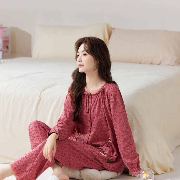 100%纯棉长袖睡衣女春秋季新款甜美风碎花全棉家居服套装可外穿冬