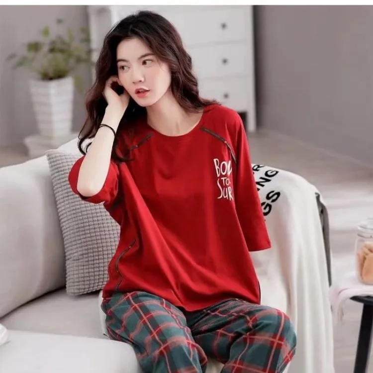 睡衣女士纯棉夏季薄款短袖长裤休闲运动可外穿春秋家居服套装夏天