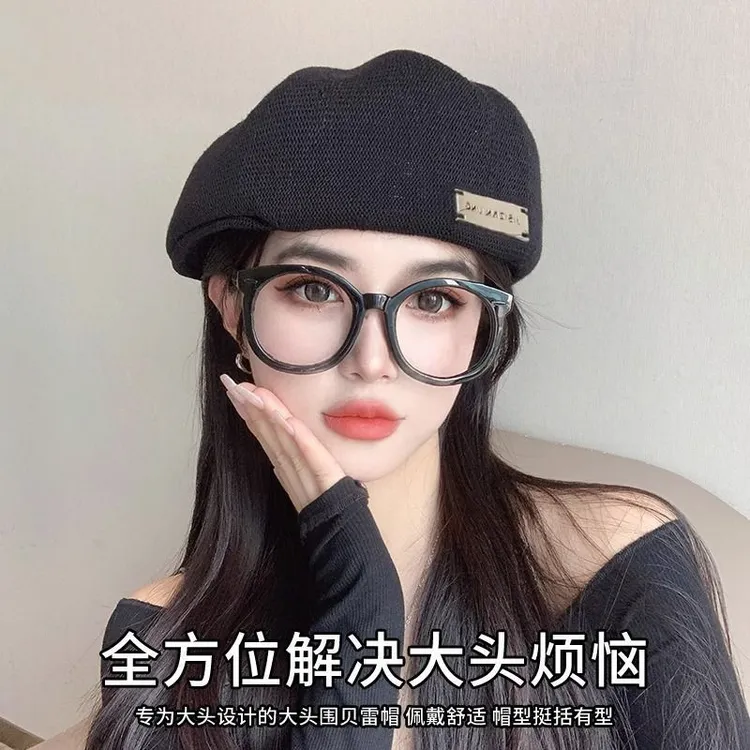 金属标贝雷帽女秋冬季毛线显脸小反戴前进帽日系大头围黑色帽子潮