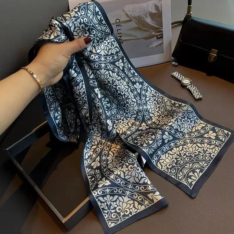 韩版四季披肩国风青花瓷仿真丝丝巾女长条领巾绑包包飘带细窄围巾