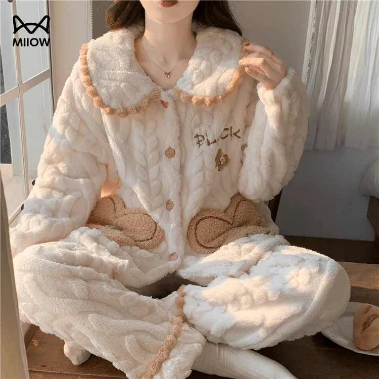 猫人珊瑚绒睡衣女秋冬季加绒加厚2025新款可爱女士保暖家居服套装