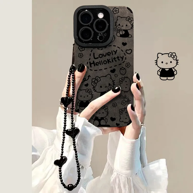 花朵KT猫适用iPhone13苹果15带挂链手机壳16promax网红14防摔少女