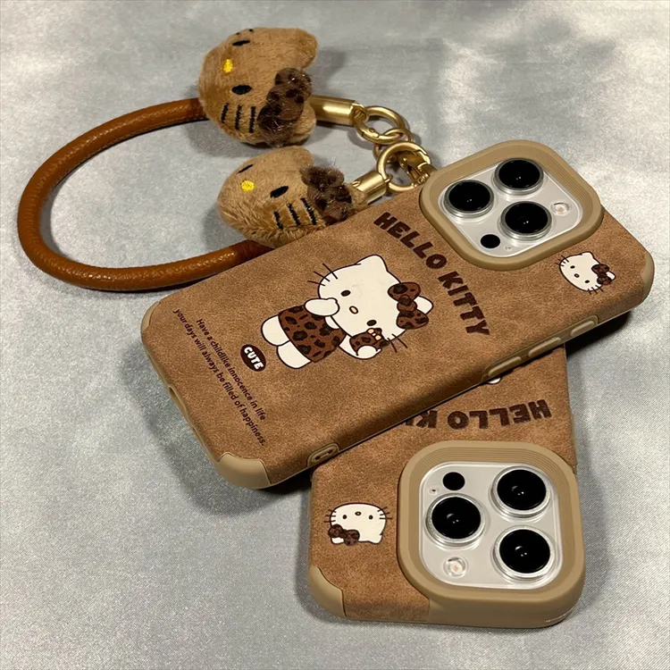 秋冬棕皮凯蒂猫适用iPhone16苹果13皮纹手机壳15promax卡通14创意