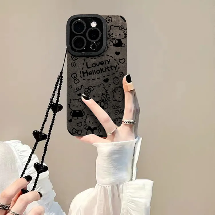 花朵KT猫适用iPhone13苹果15带挂链手机壳16promax网红14防摔少女