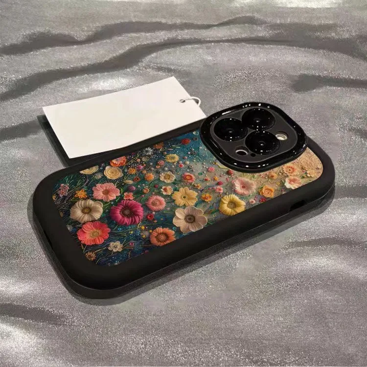 油画花海适用iPhone13苹果15防摔手机壳16promax卡通12创意11全包