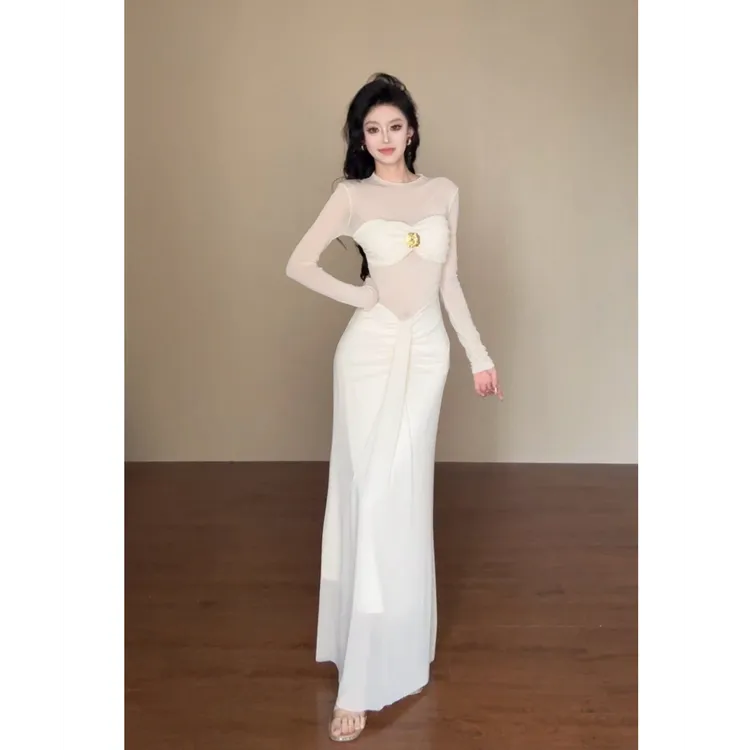 l7/C245【元元】纯欲辣妹网纱拼接连衣裙女褶皱收腰鱼尾长款礼服裙