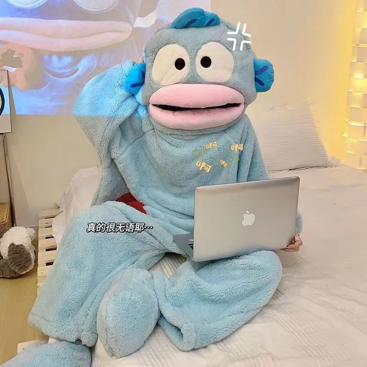 人鱼汉顿丑鱼睡衣连体珊瑚绒秋冬季加厚保暖连帽毛绒睡袋卡通外穿